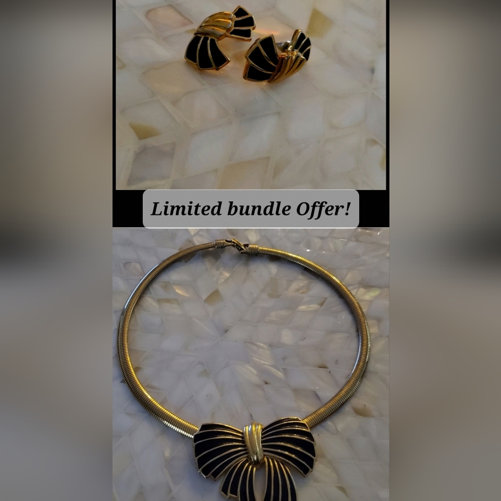 Bundle! Trifari Vintage Gold Tone Black Enamel Bow Necklace & Earrings